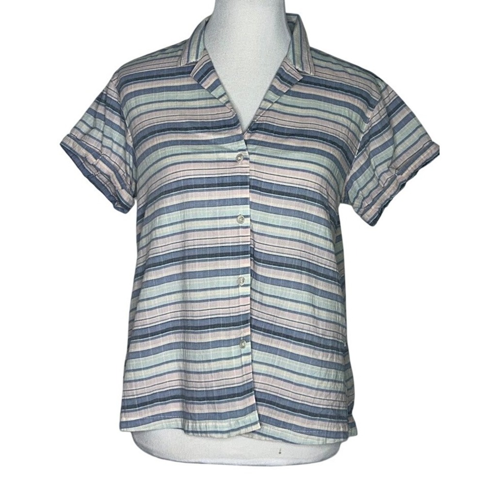Eddie Bauer Womens Blue Striped Short Sleeve Button Down Shirt Collareded Size M